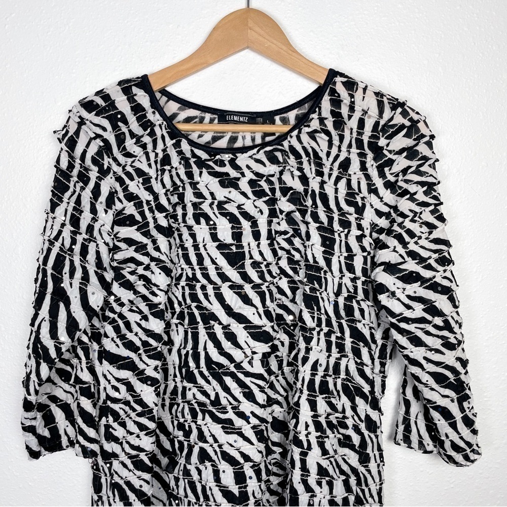 ELEMENTZ Sz. L sequined ruffle zebra stripe blouse w/ 3/4 sleeve | vibrant, ecc - Picture 8 of 8